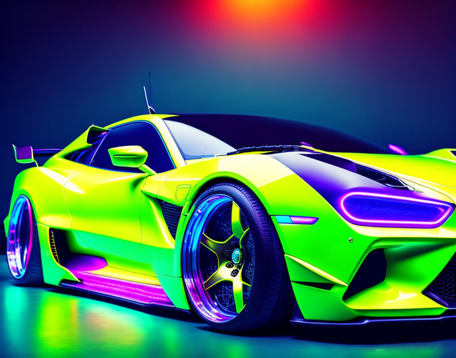 Sleek neon green sports car with aerodynamic design on rainbow background