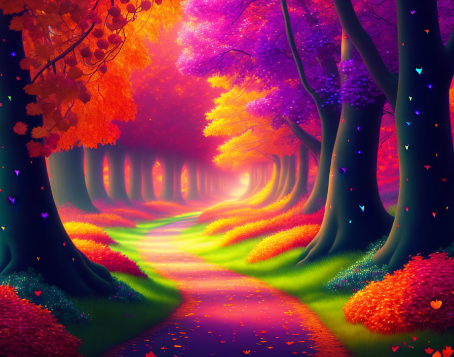 Colorful Forest Path with Purple, Orange, and Yellow Trees