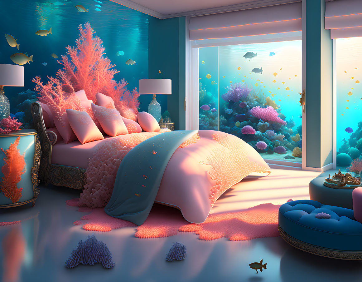 Tranquil bedroom with underwater theme and warm lighting