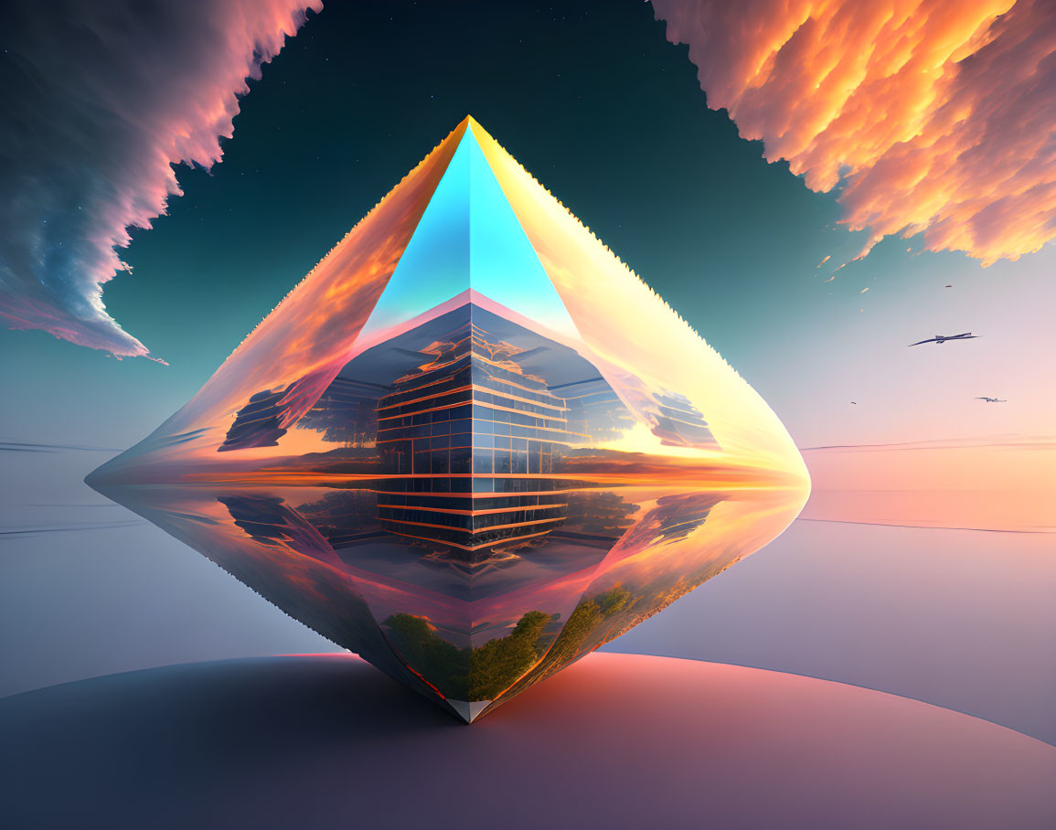 Surreal image of reflective pyramid with futuristic building under dramatic sky