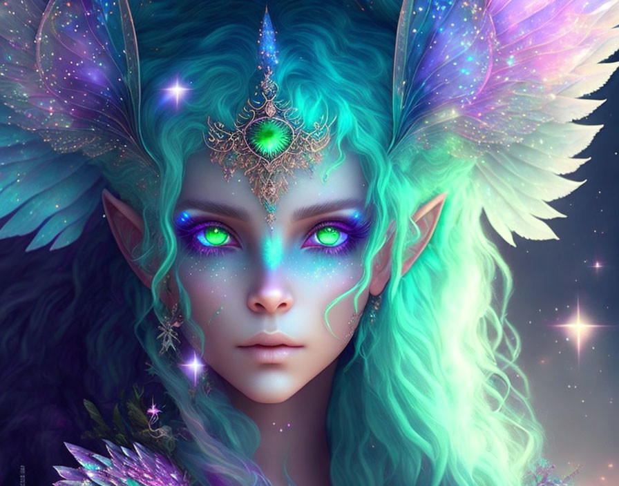 Fantasy illustration: Character with turquoise hair, elfin ears, green eyes, and ornate he