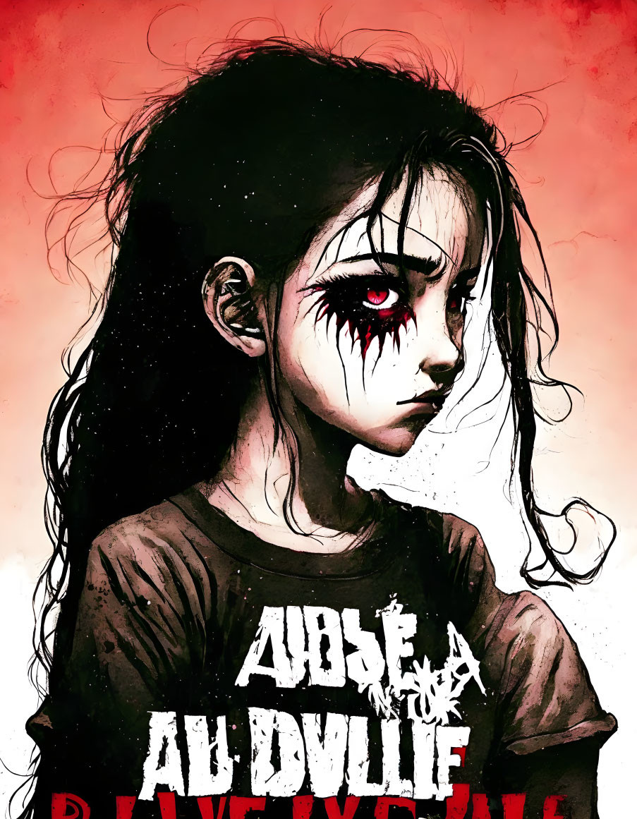 Creepy girl illustration with glowing red eye and blood, bold text T-shirt.