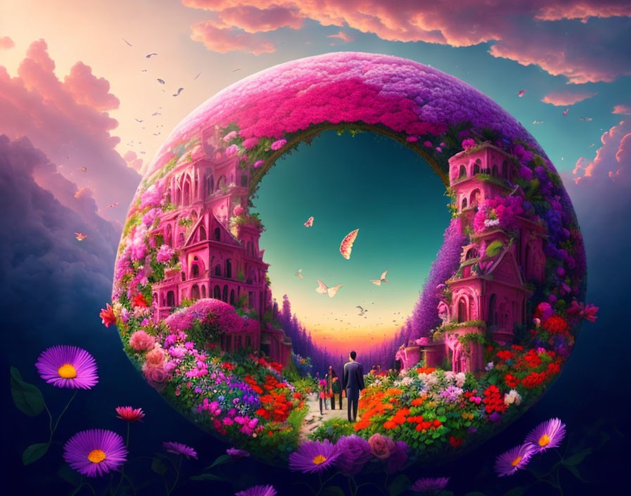 Colorful fantasy landscape with spherical world, lush gardens, whimsical architecture, butterflies, and vibrant sky