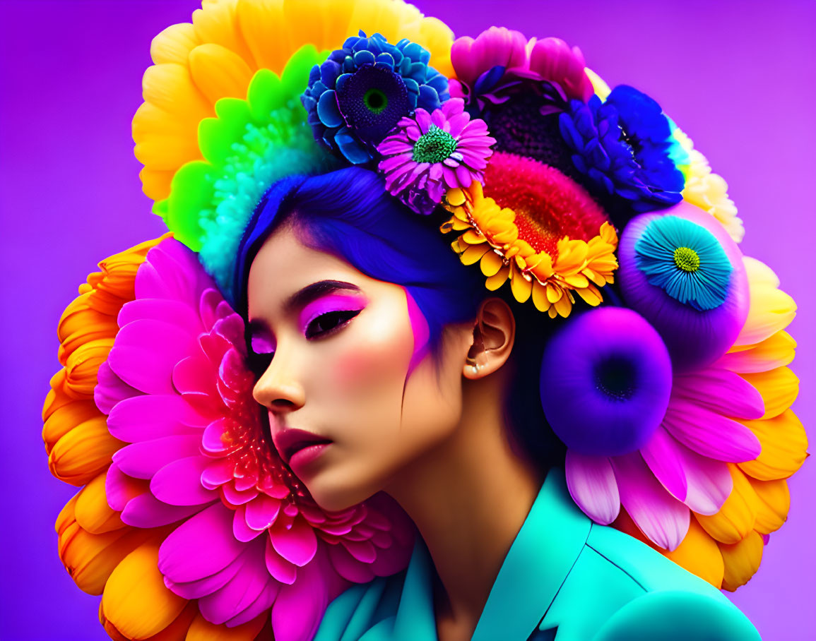 Colorful portrait of person with vibrant flowers, bright makeup, and turquoise outfit on purple background