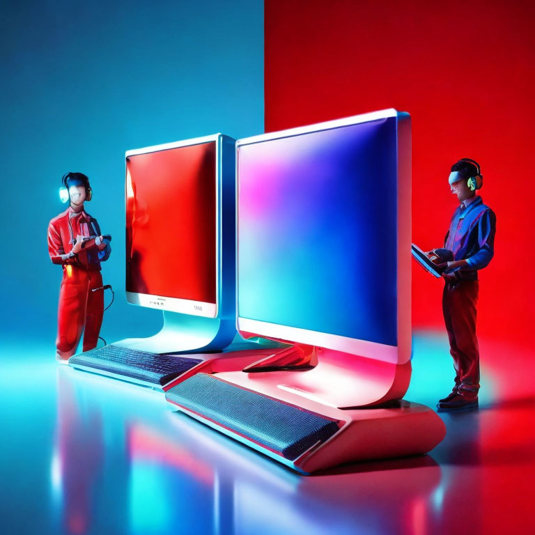 Two people in red outfits with headphones and game controllers by glowing monitors.