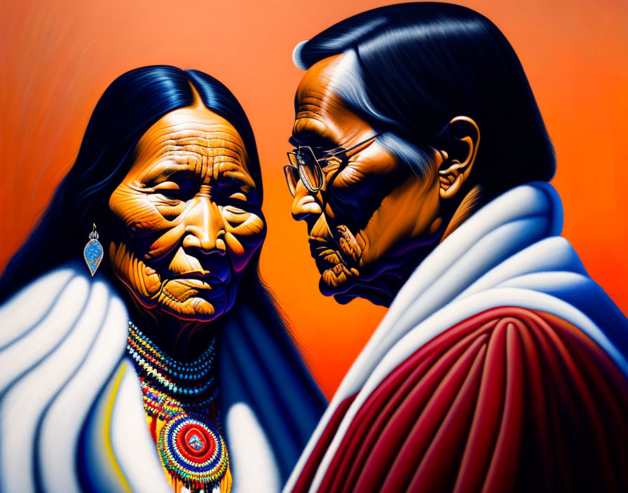 Colorful portrait of elderly Native American couple in traditional attire