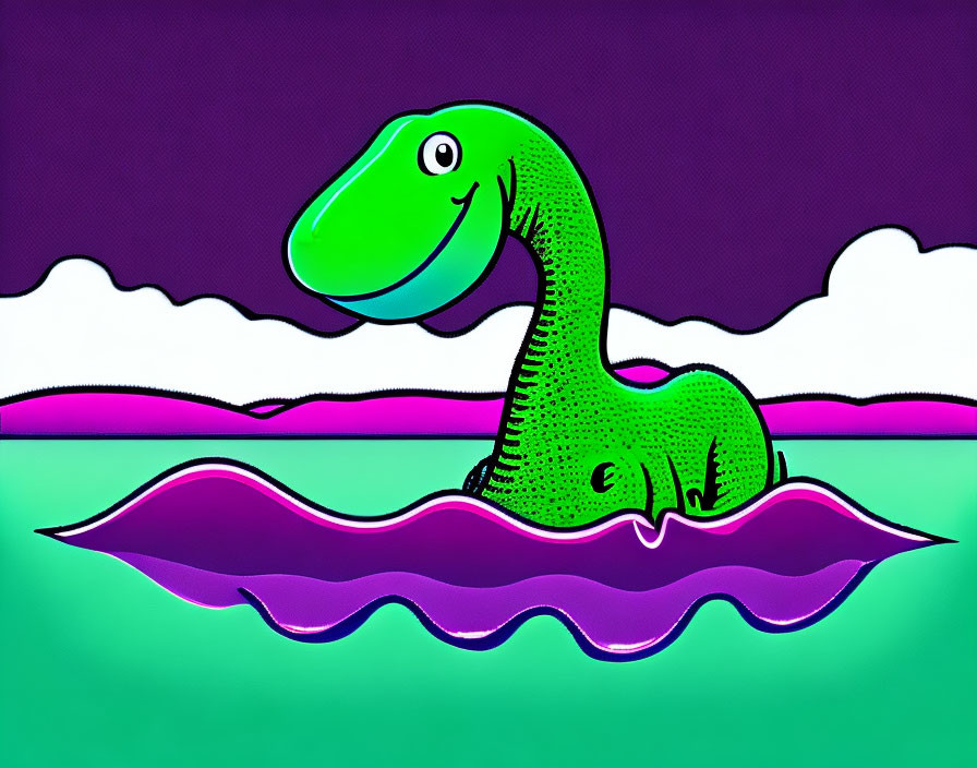 Smiling green dinosaur in water under purple sky