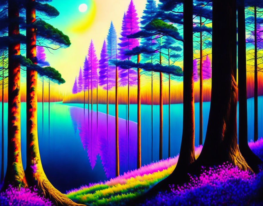 Colorful Forest Landscape with Purple Foliage and Reflective Blue Water