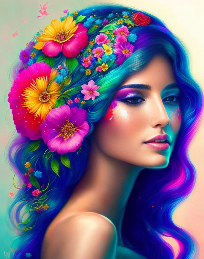 Colorful digital artwork: Woman with blue-violet hair and flower adornments