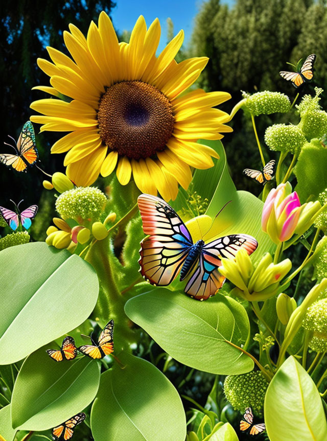 Sunflower, butterflies, green foliage, blue sky: Nature Scene