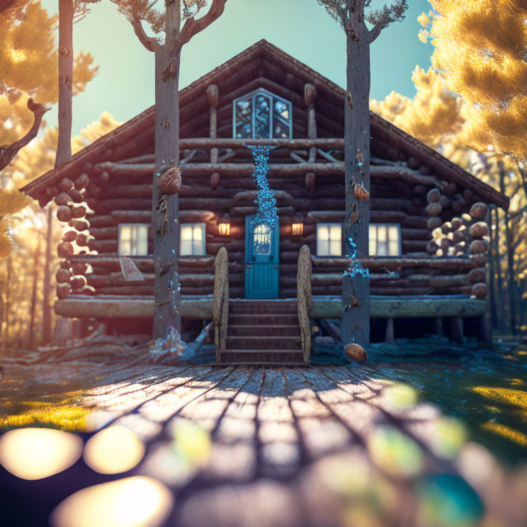 Rustic log cabin surrounded by tall trees in autumn scenery