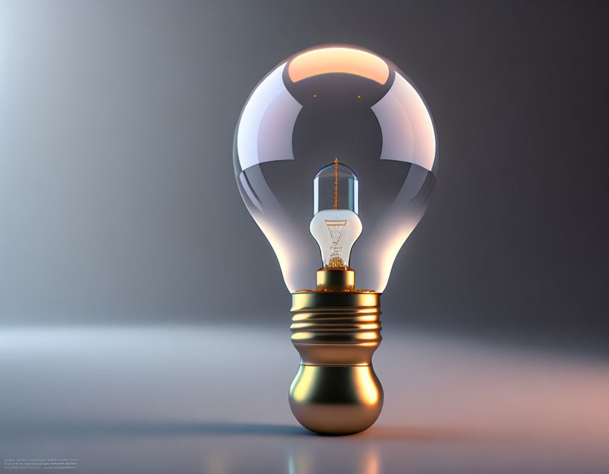 Glowing incandescent light bulb on reflective surface with gradient background