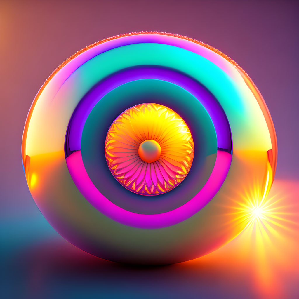 Colorful 3D abstract torus with glowing core on purple background