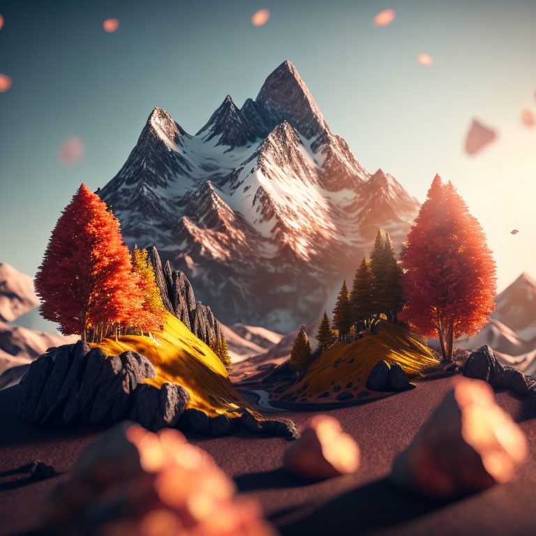 Autumnal trees on rocky outcrop with snow-capped peaks and floating leaves