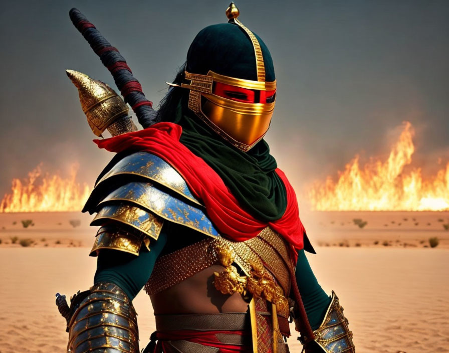 Elaborately armored warrior with helmet and mask in desert flames