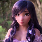 3D animated female character with large eyes and purple braided hair