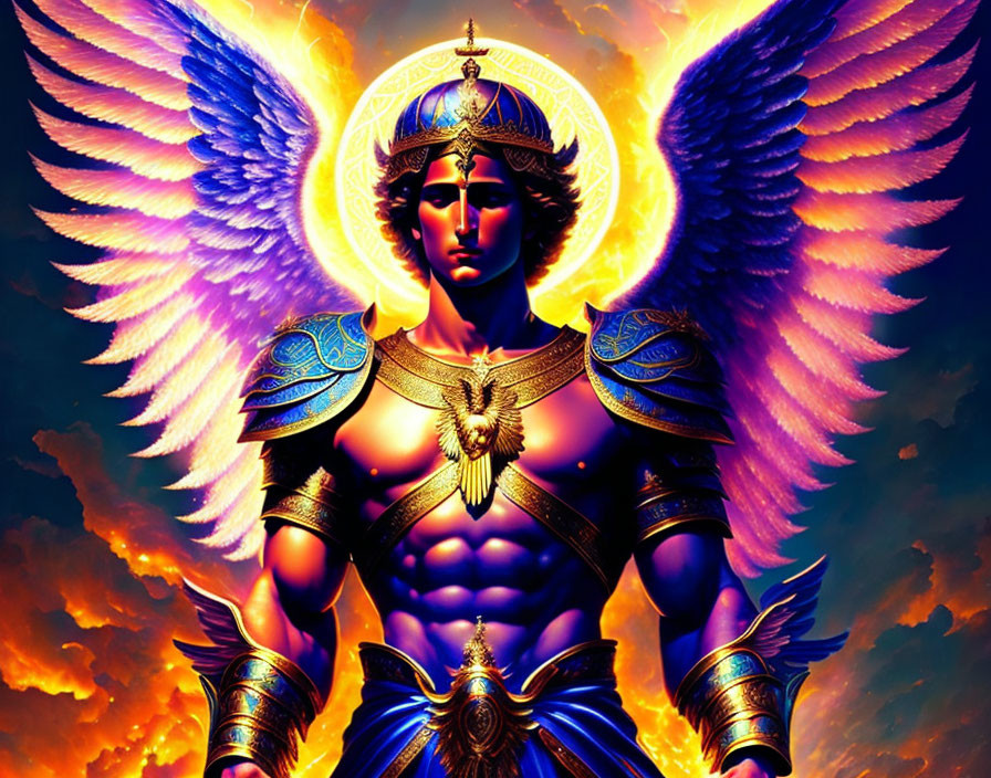 Vibrant artwork: Winged armored figure with halo in fiery sky