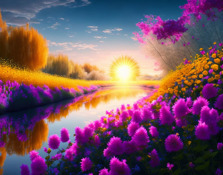 Colorful Sunrise over River with Flowers and Autumn Trees