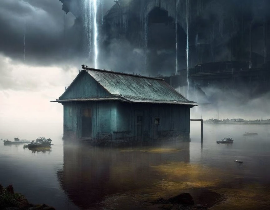 Weathered house on water with mist, boats, and waterfalls in the background