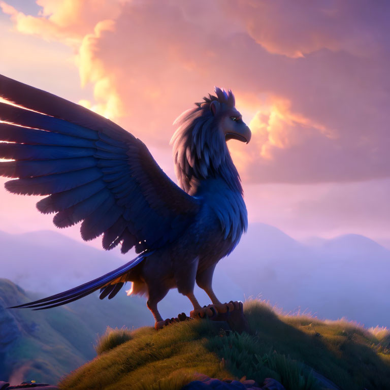 Majestic animated griffin on hill at sunset