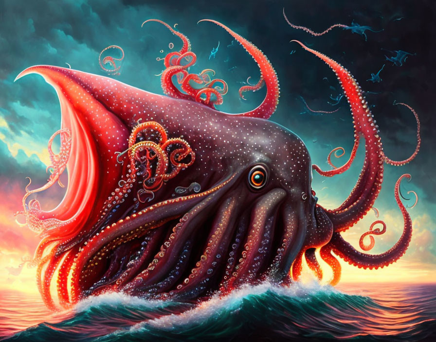 Colossal squid illustration with bio-luminescent details against sunset sky