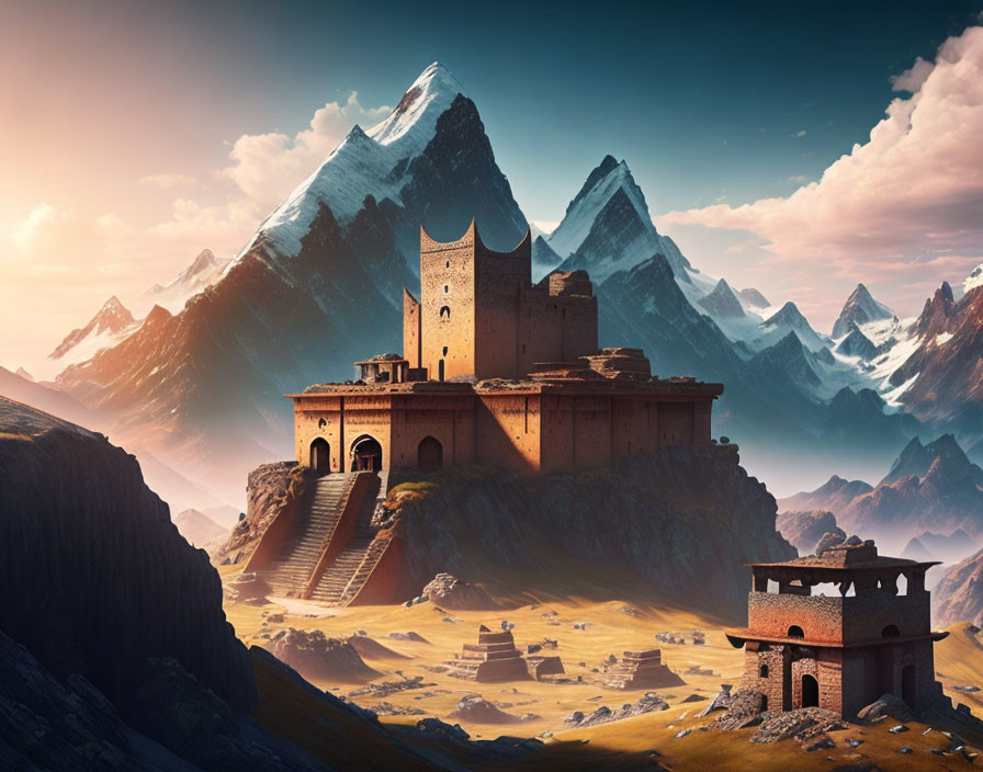 Ancient fortress on rocky desert plateau with snow-capped mountains.