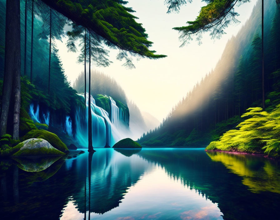 Tranquil forest scene: waterfall, lake, lush greenery