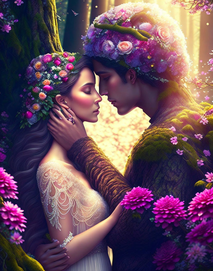 Romantic fantasy illustration of embracing couple in floral attire against forest backdrop