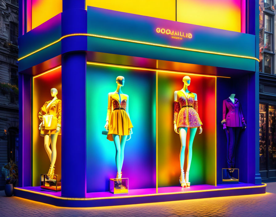 Vibrant Dusk Boutique Storefront with Mannequins in Fashionable Outfits