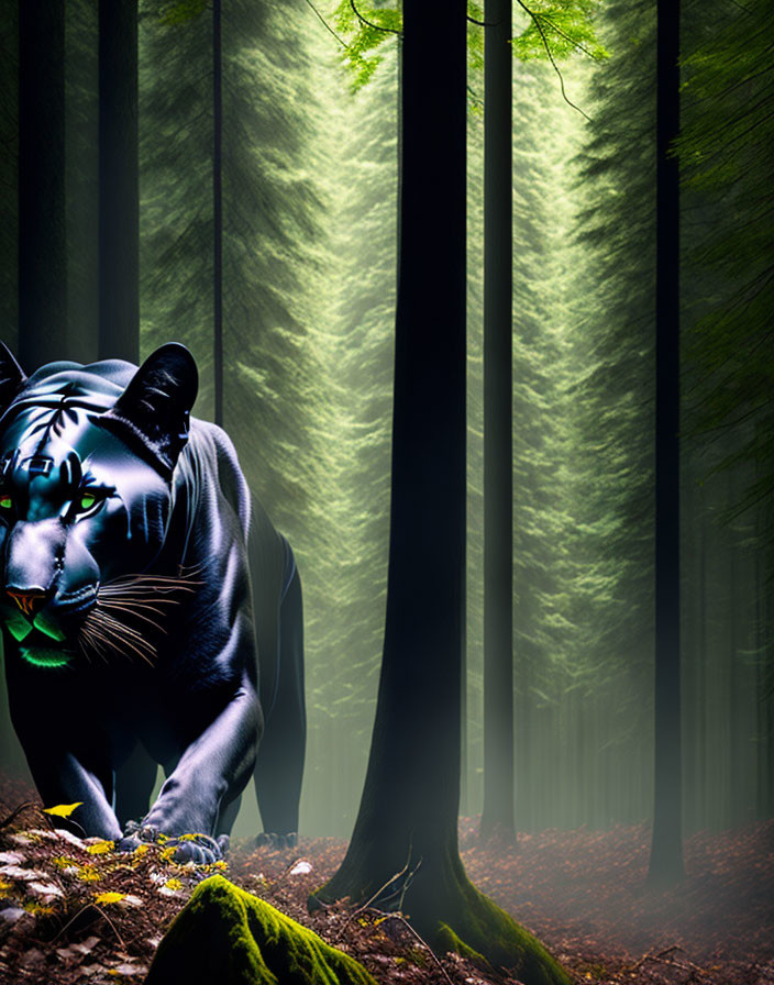 Luminous black panther in misty sunlit forest