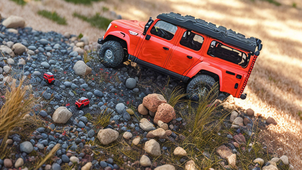 Red Toy Model Off-Road Vehicle on Rugged Terrain Simulation