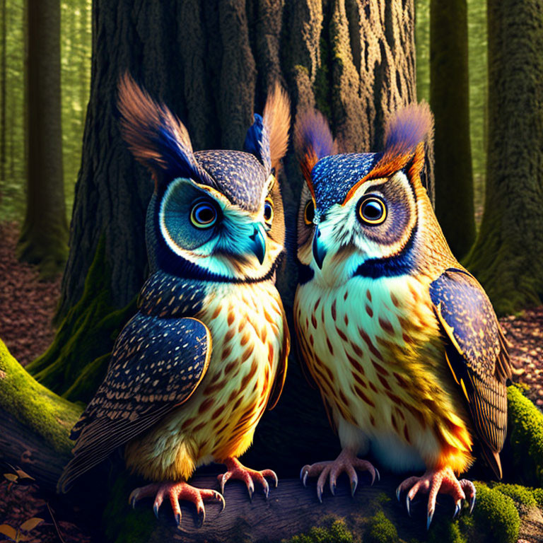 Vibrant Stylized Owls on Tree Stump in Mystical Forest