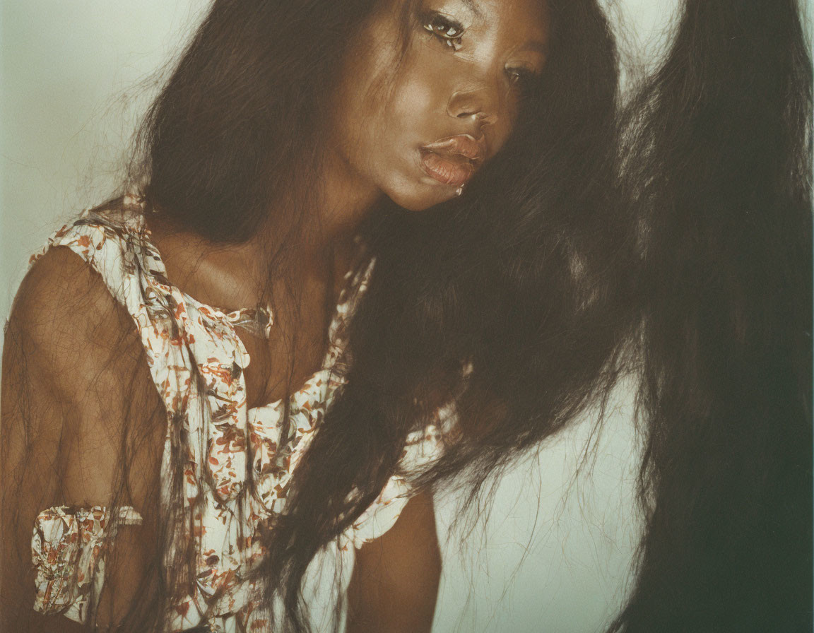 Pensive woman in floral dress with long hair in vintage photo