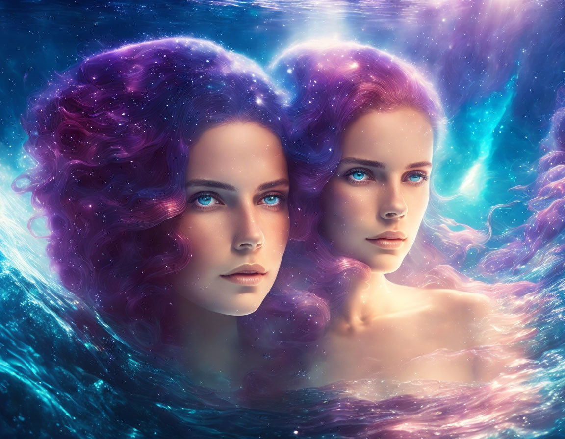 Twin women digital art: vibrant purple hair, blue eyes, merging with cosmic nebula.