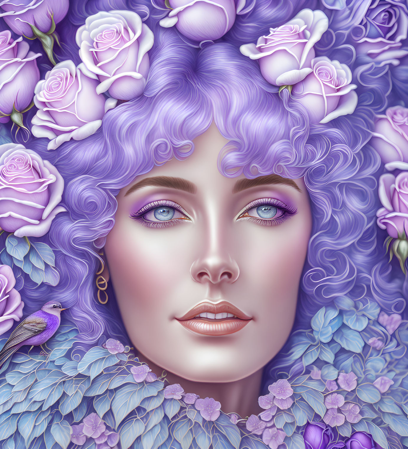 Surreal portrait of woman with purple hair and roses, bird, and floral patterns in purp