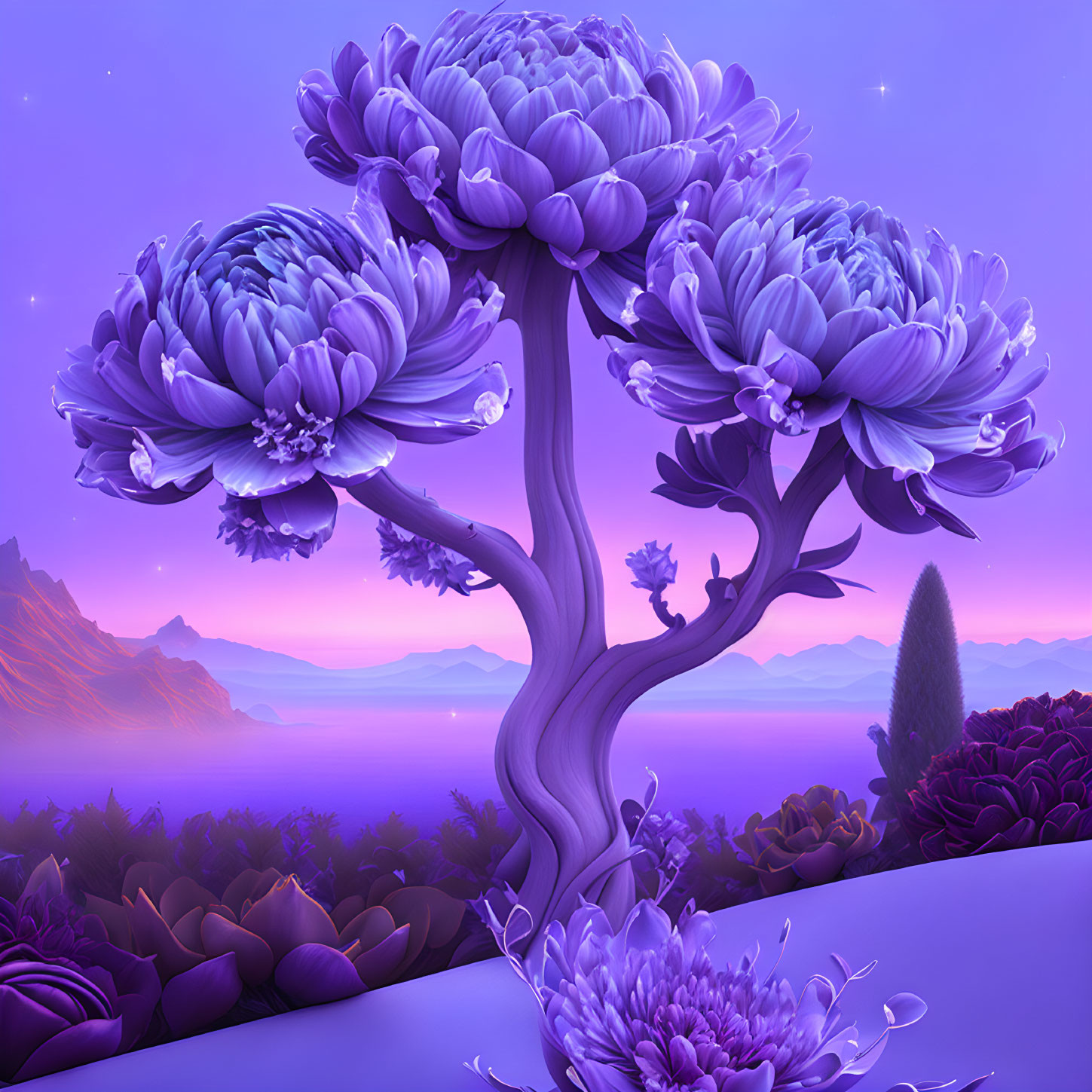 Vibrant purple tree with flower-like branches in surreal dusk sky