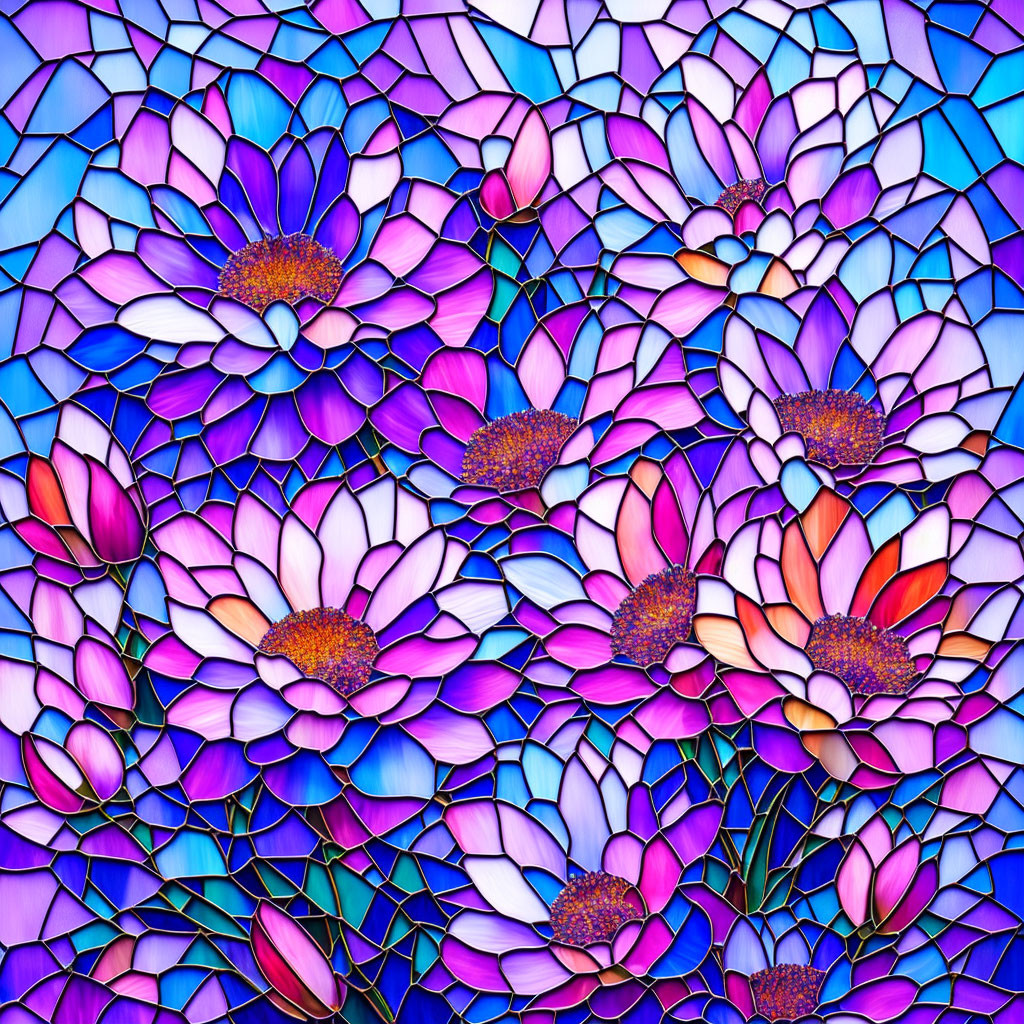 Colorful Stained Glass Pattern with Purple and Pink Daisy Flowers