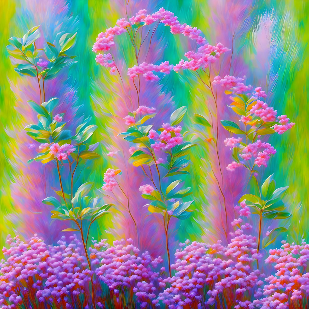 Colorful digital artwork: stylized pink flora on vibrant brushstroke backdrop