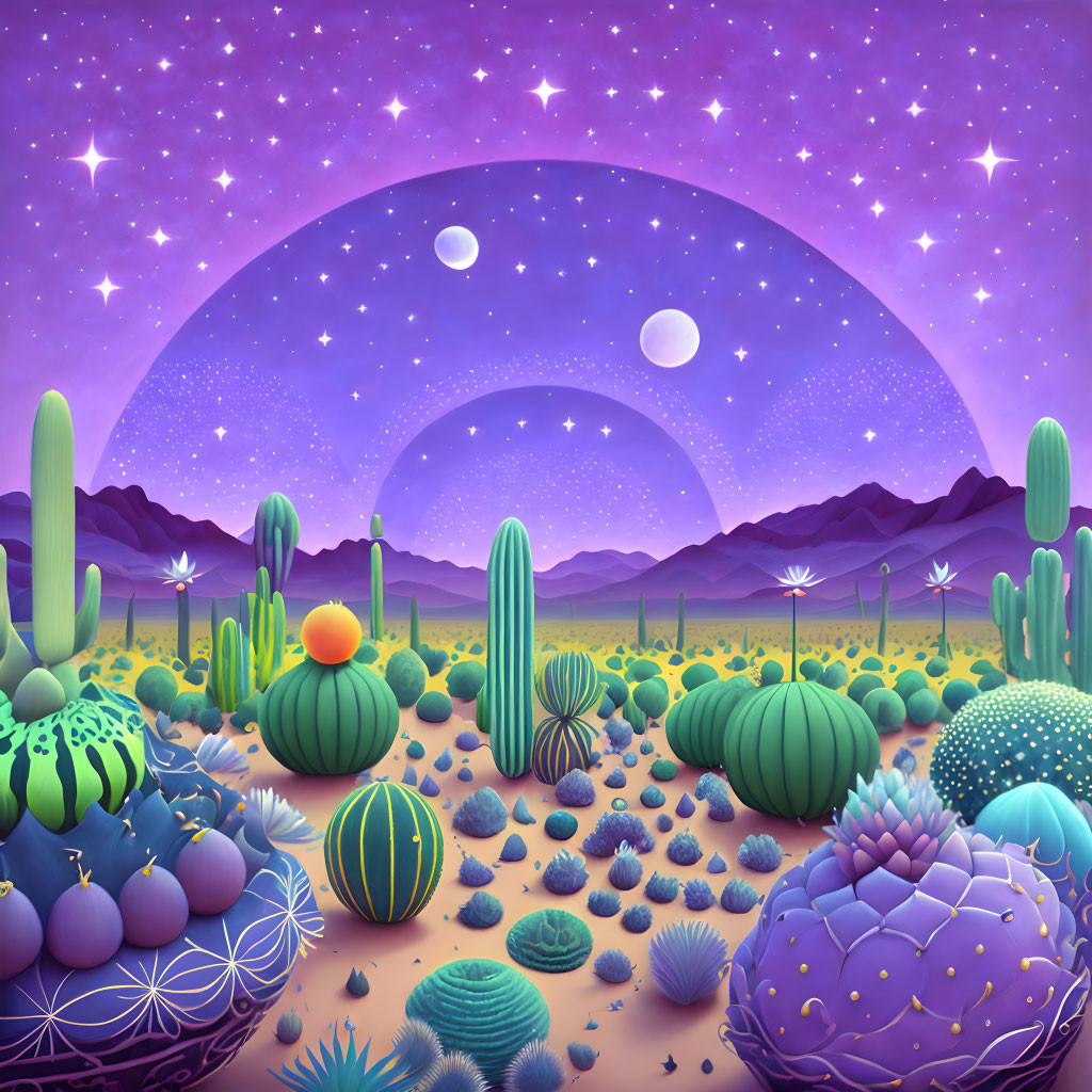 Illustration of desert landscape at twilight with stylized cacti, moons, and wind turbines