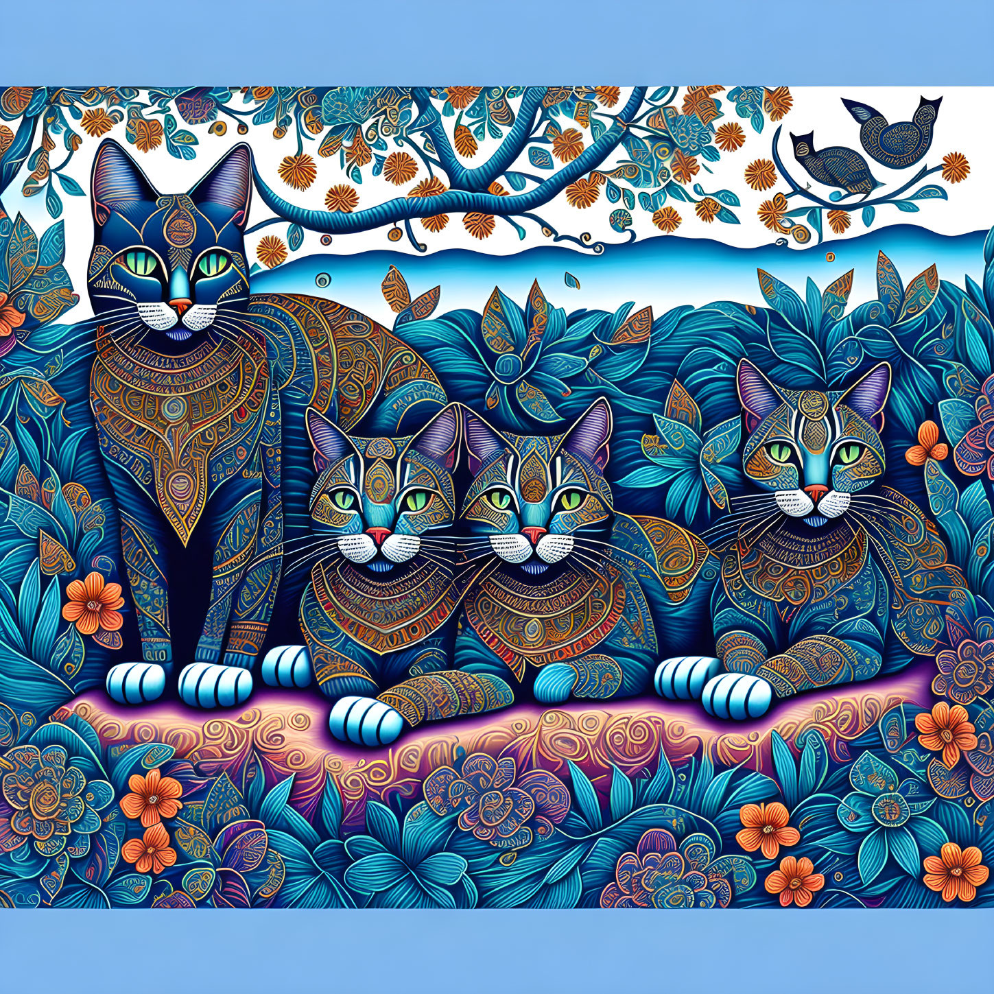 Detailed Illustration of Three Cats with Birds and Foliage