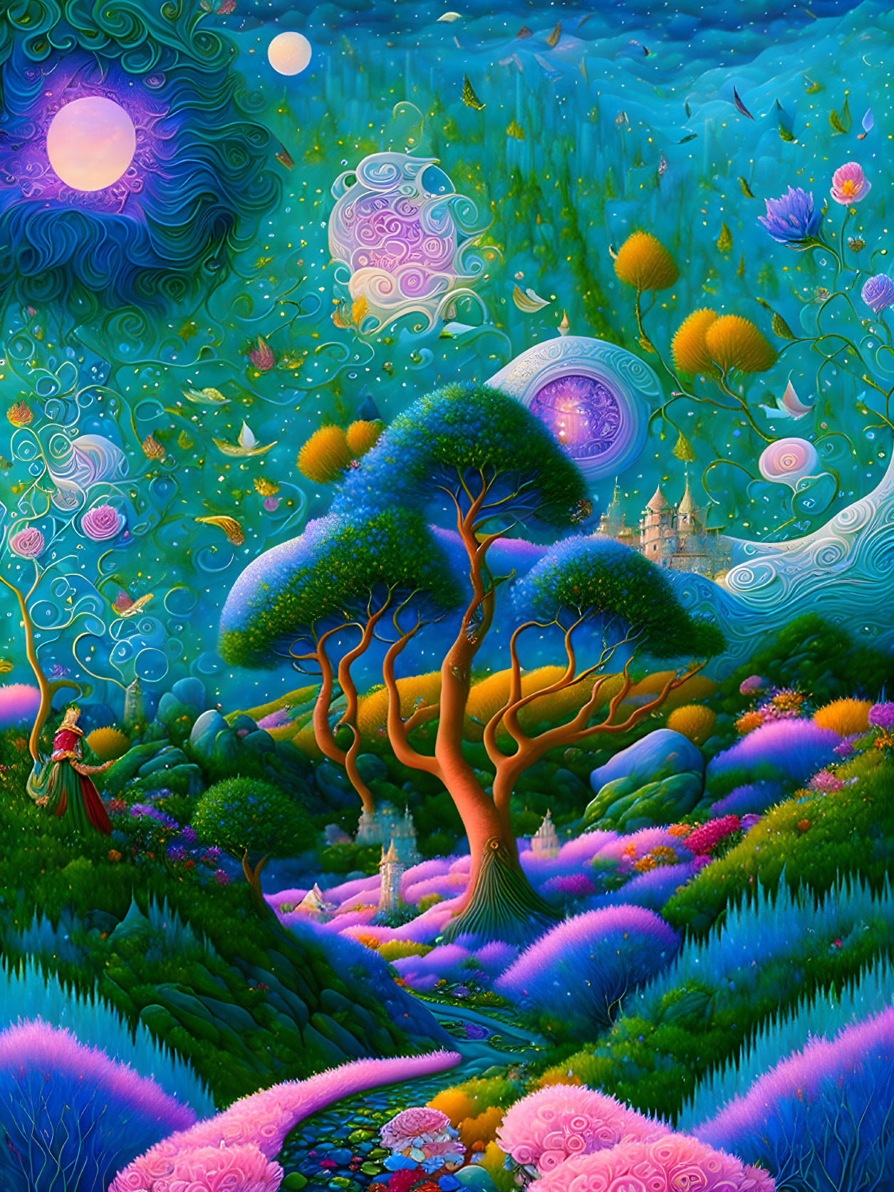 Fantasy landscape with swirling skies, whimsical tree, and distant castle under moonlit night