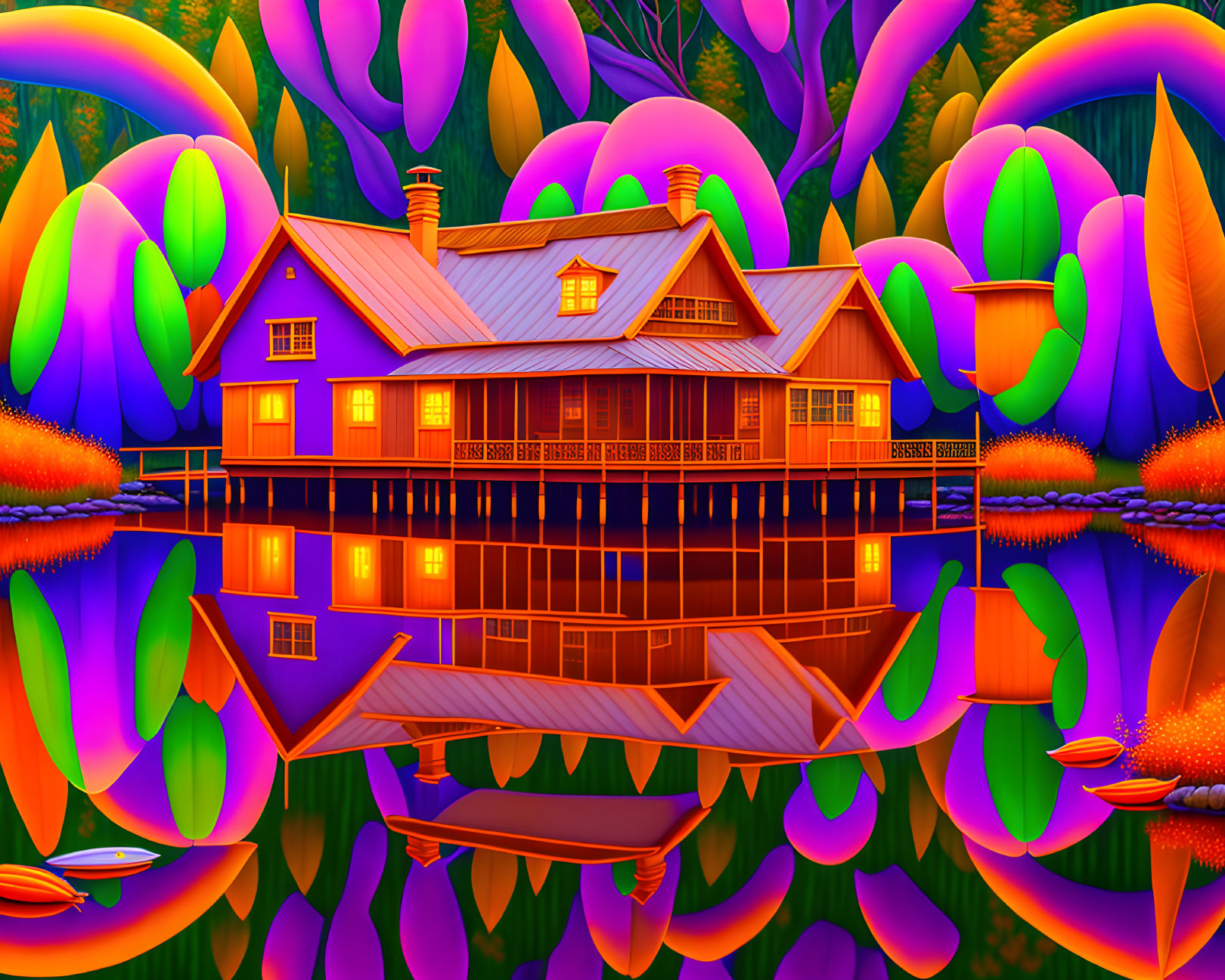 Colorful surreal landscape: Purple house, reflective lake, oversized orange and purple foliage