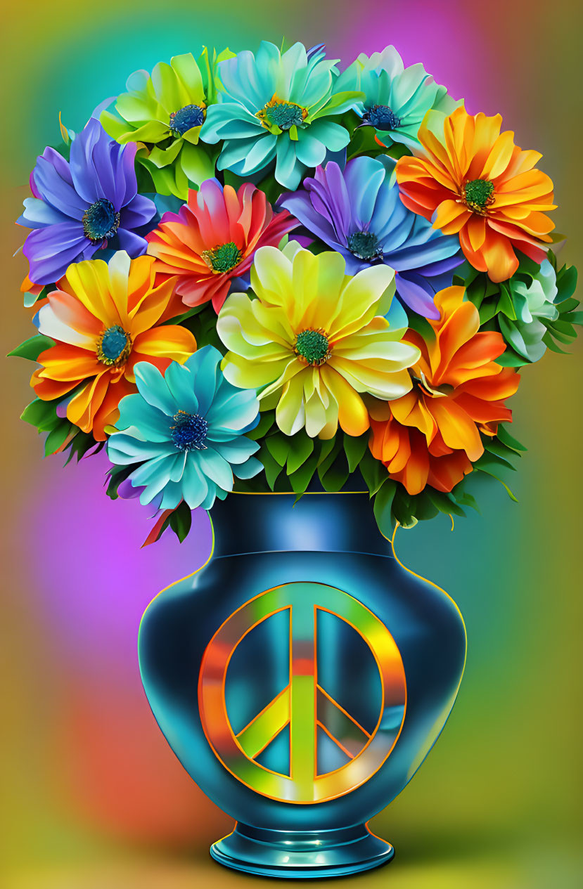 Colorful Daisy-Like Flowers in Blue Vase with Peace Symbol