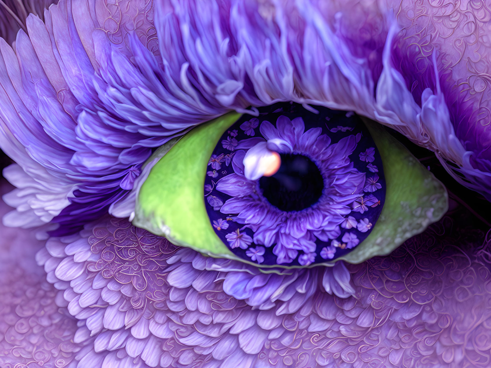 Eye digital artwork with purple floral patterns and petals background