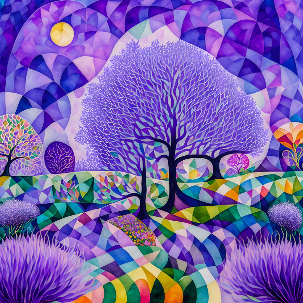 Vibrant tree painting with purple mosaic landscape and swirling skies