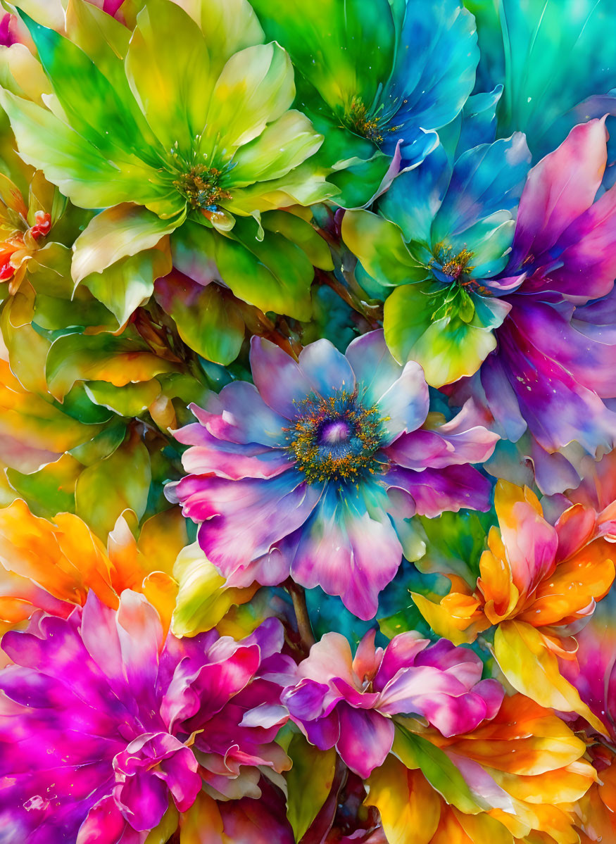 Colorful Floral Arrangement in Green, Blue, Purple, and Orange