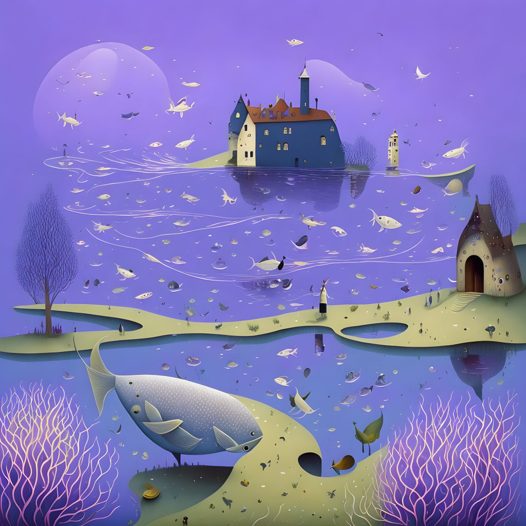 Colorful Underwater Scene with Floating Fish and Houses