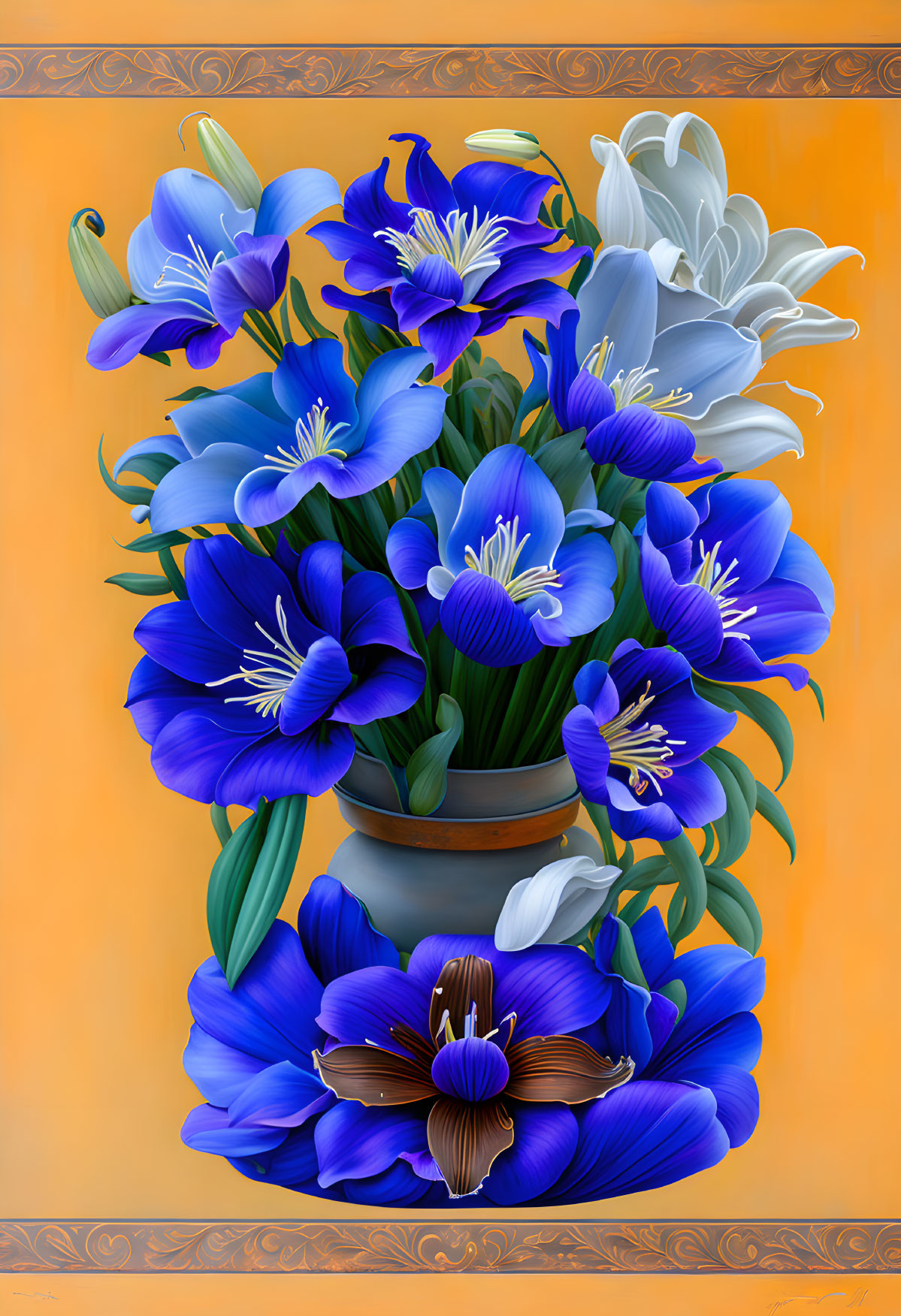 Colorful painting: Blue and white flower bouquet in brown pot on orange backdrop