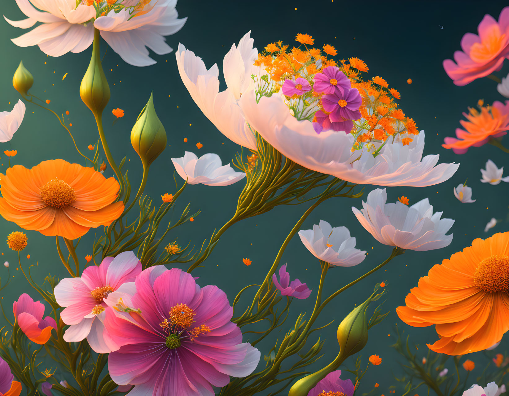 Colorful Flower Illustration with Pink, Orange, and White Blooms on Teal Background