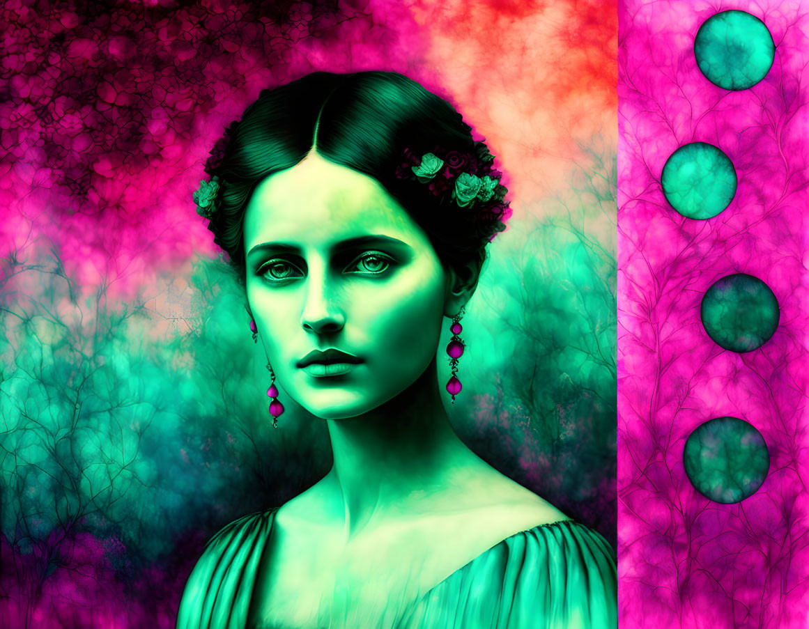 Vibrant digital portrait of woman with green skin tones on psychedelic background